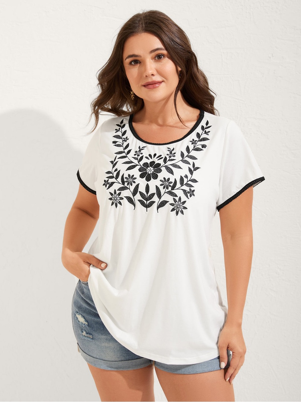 BloomChic White Short Sleeve Top with Black Floral Embroidery
